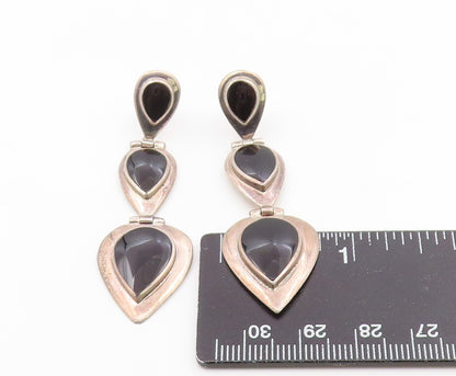 925 Sterling Silver Vintage Earrings Cabochon Black Onyx Teardrop Dangle EG14209