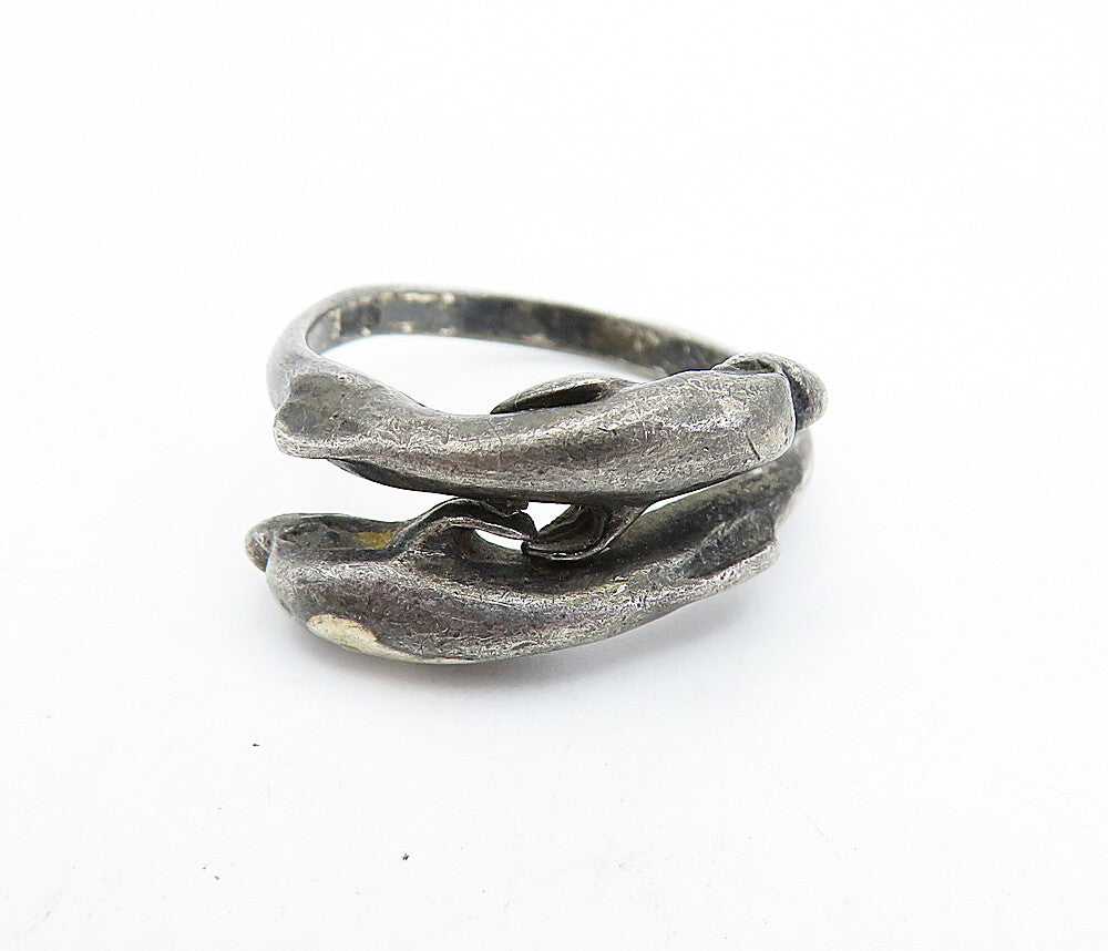 925 Sterling Silver  Vintage Oxidized Dolphin Bypass Band Ring Sz 8  RG6816