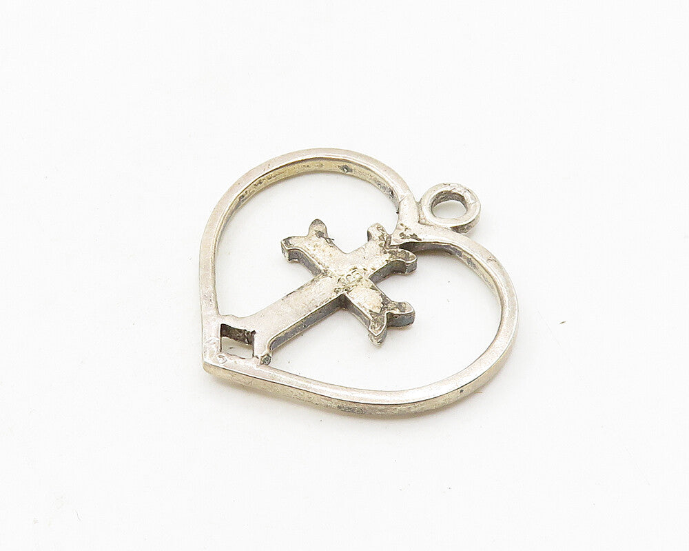 925 Sterling Silver  Vintage Religious Cross Open Love Heart Pendant  PT14708