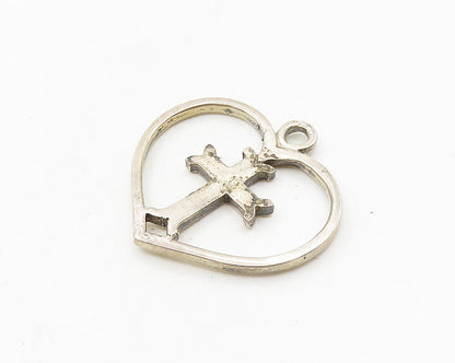 925 Sterling Silver  Vintage Religious Cross Open Love Heart Pendant  PT14708
