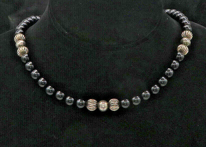 925 Sterling Silver  Vintage Black Onyx Beaded Pattern Chain Necklace  NE2912