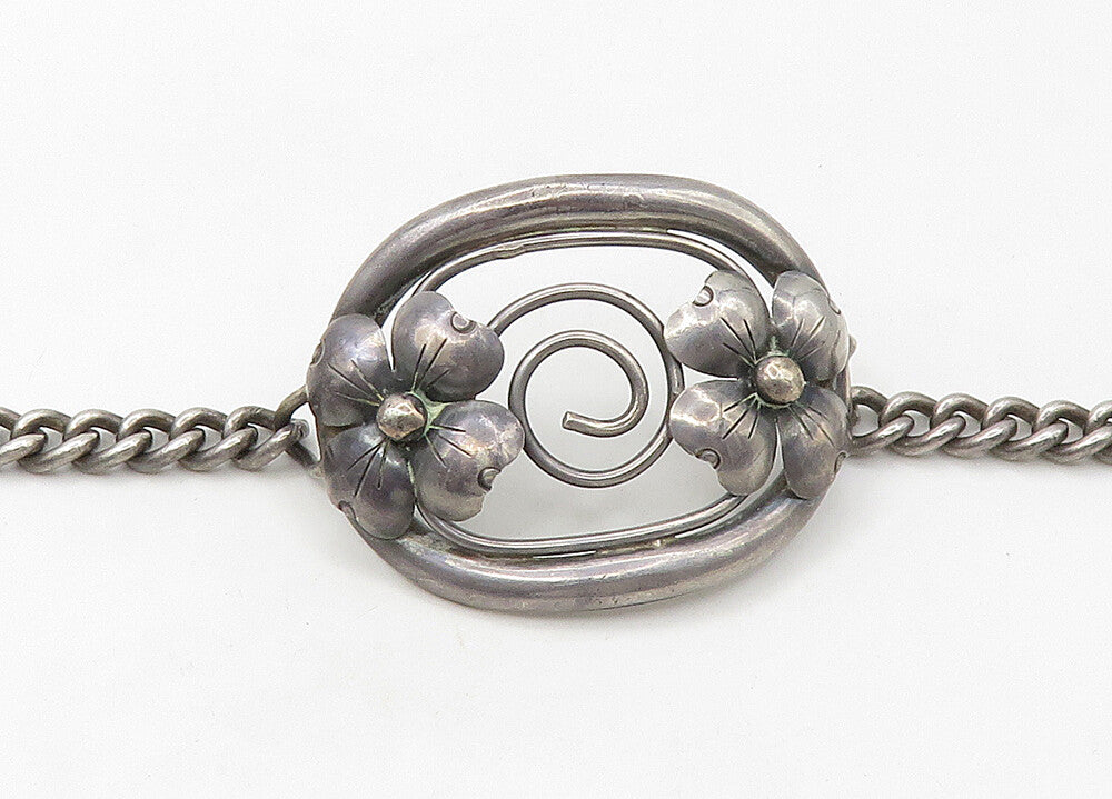 925 Sterling Silver  Vintage Antique Floral Open Spiral Chain Bracelet  BT8521