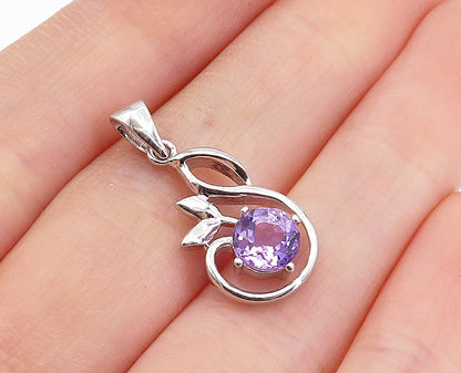925 Sterling Silver  Amethyst Shiny Petite Floral Leaf Design Pendant  PT2766