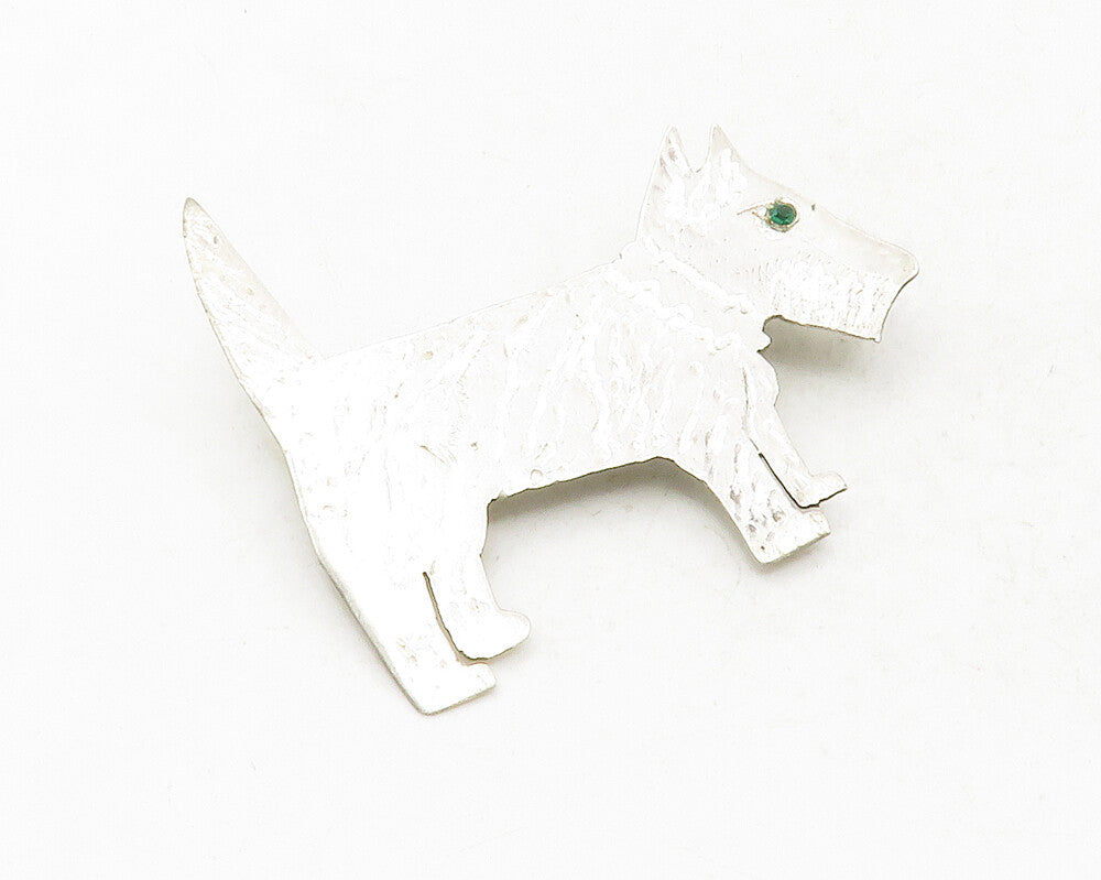 925 Sterling Silver  Vintage Green Topaz Eye Dog Motif Brooch Pin  BP4782
