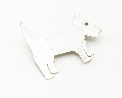 925 Sterling Silver  Vintage Green Topaz Eye Dog Motif Brooch Pin  BP4782
