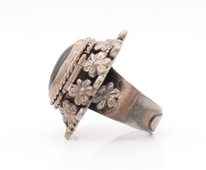 925 Sterling Silver Vintage Ring MEXICO Onyx Dark Tone Floral OPENS SZ 9 RG32111