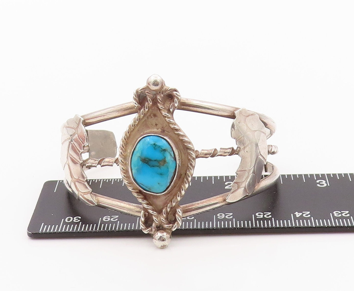 925 Sterling Silver Vintage Bracelet Floral Cutout Turquoise Cuff  BT11129