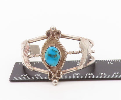 925 Sterling Silver Vintage Bracelet Floral Cutout Turquoise Cuff  BT11129