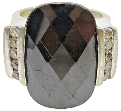 925 Sterling Silver  Vintage Hematite & Topaz Cocktail Ring Sz 6  RG10471