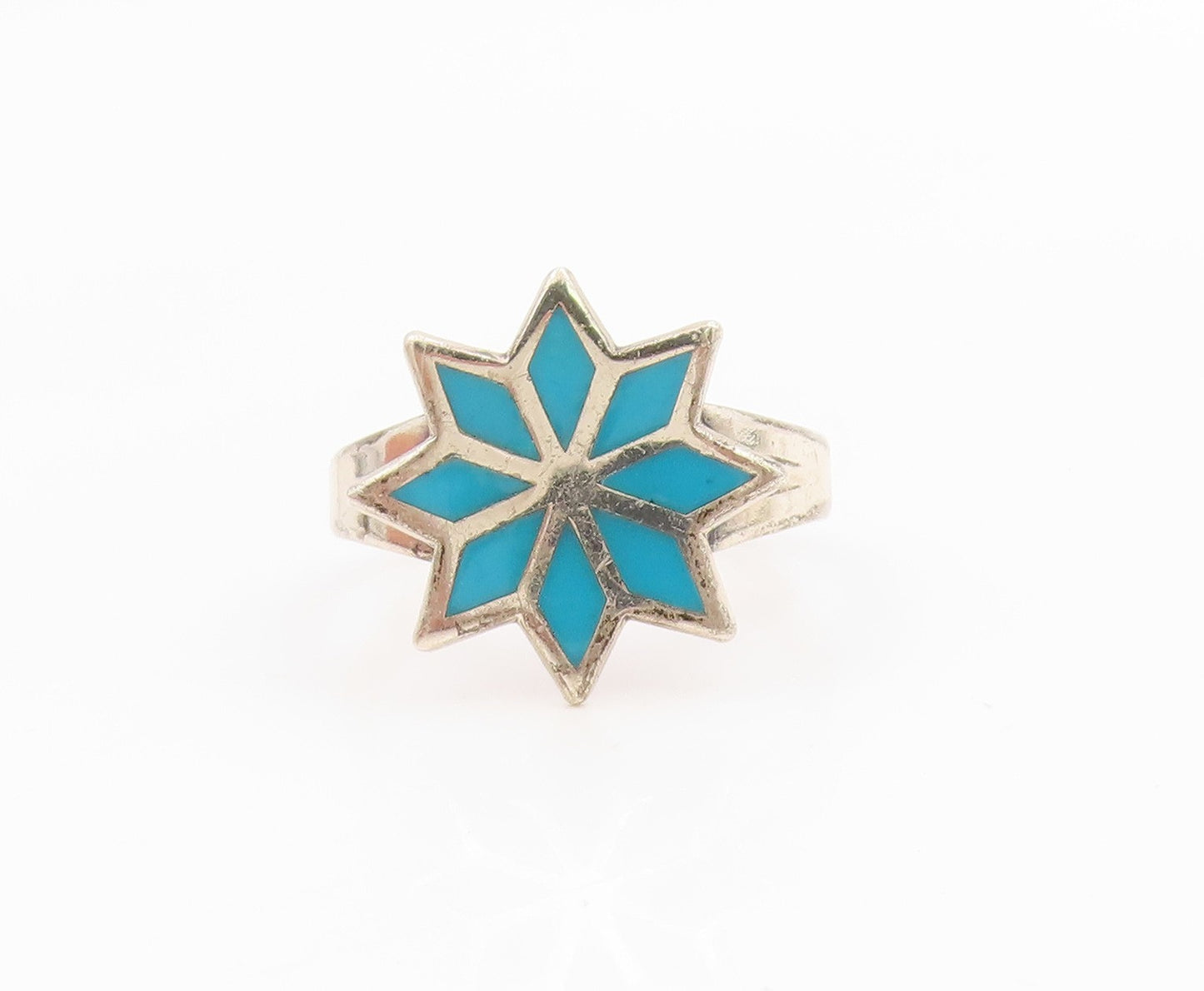925 Sterling Silver Vintage Ring BELL Turquoise Geometric Flower Sz 7.5 RG35668