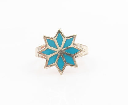 925 Sterling Silver Vintage Ring BELL Turquoise Geometric Flower Sz 7.5 RG35668
