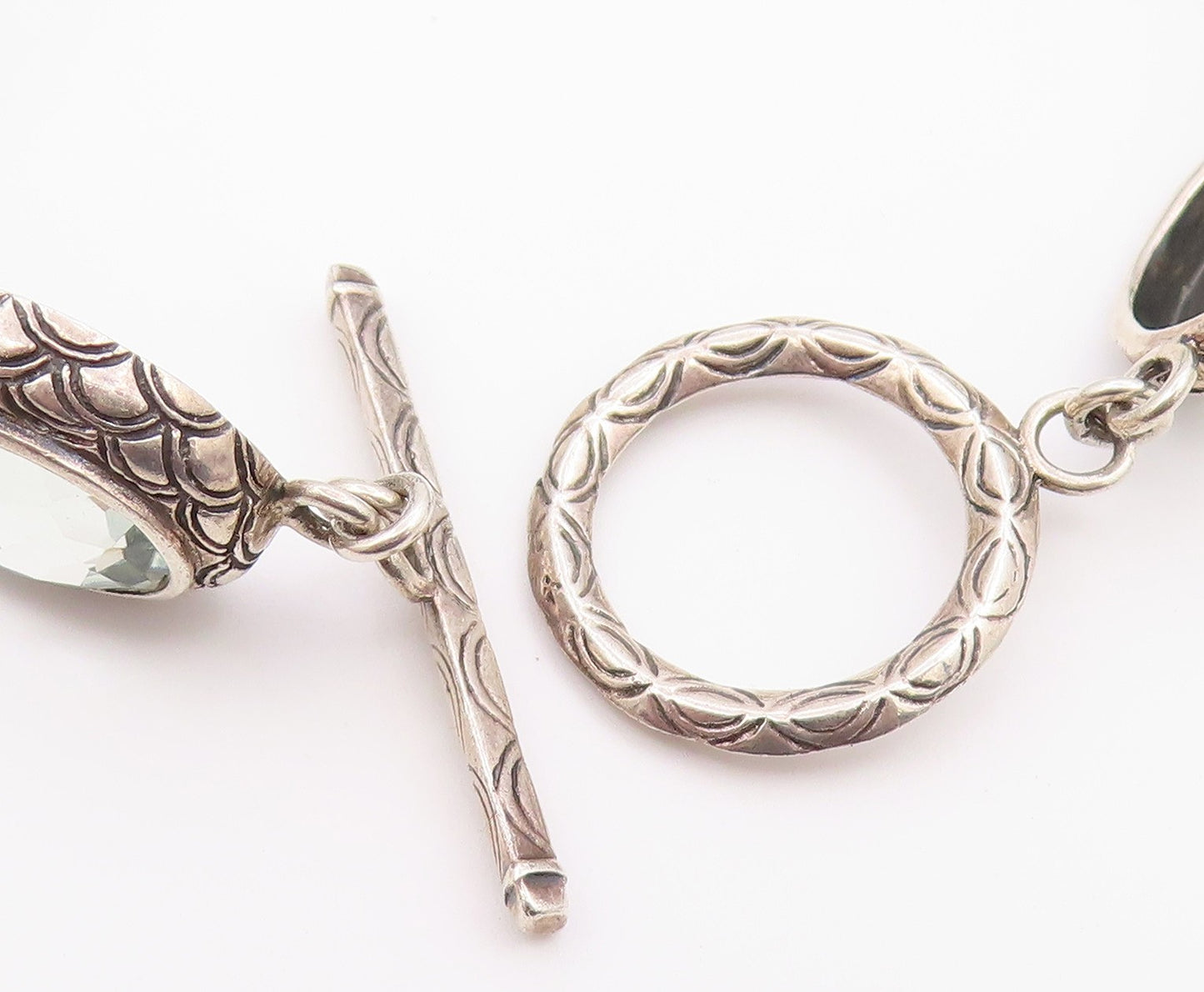 925 Sterling Silver Vintage Bracelet Green Amethyst Etched Oval Link  BT12188