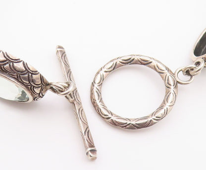 925 Sterling Silver Vintage Bracelet Green Amethyst Etched Oval Link  BT12188