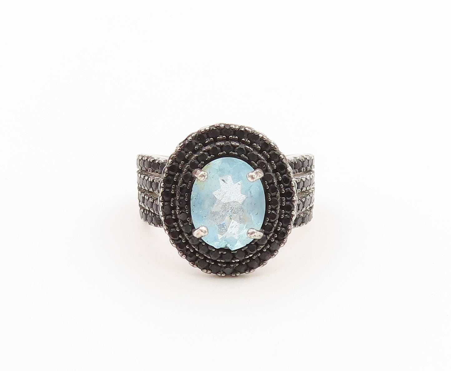 925 Sterling Silver Vintage Ring Aquamarine & Spinel Statement Band Sz 4 RG36911