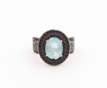 925 Sterling Silver Vintage Ring Aquamarine & Spinel Statement Band Sz 4 RG36911