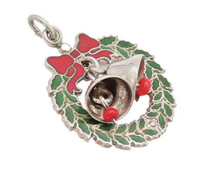 925 Sterling Silver Vintage Pendant Christmas Wreath With Movable Bells  PT22588