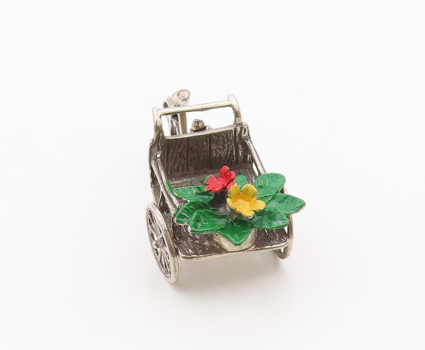925 Sterling Silver  Vintage Enamel Flowers on Bicycle Wagon Trinket  TR2746