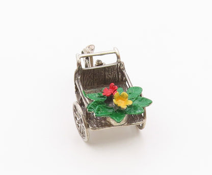 925 Sterling Silver  Vintage Enamel Flowers on Bicycle Wagon Trinket  TR2746