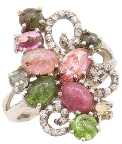 925 Sterling Silver Vintage Ring Diamonds & Gemstones Swirly Carved Sz 7 RG29349