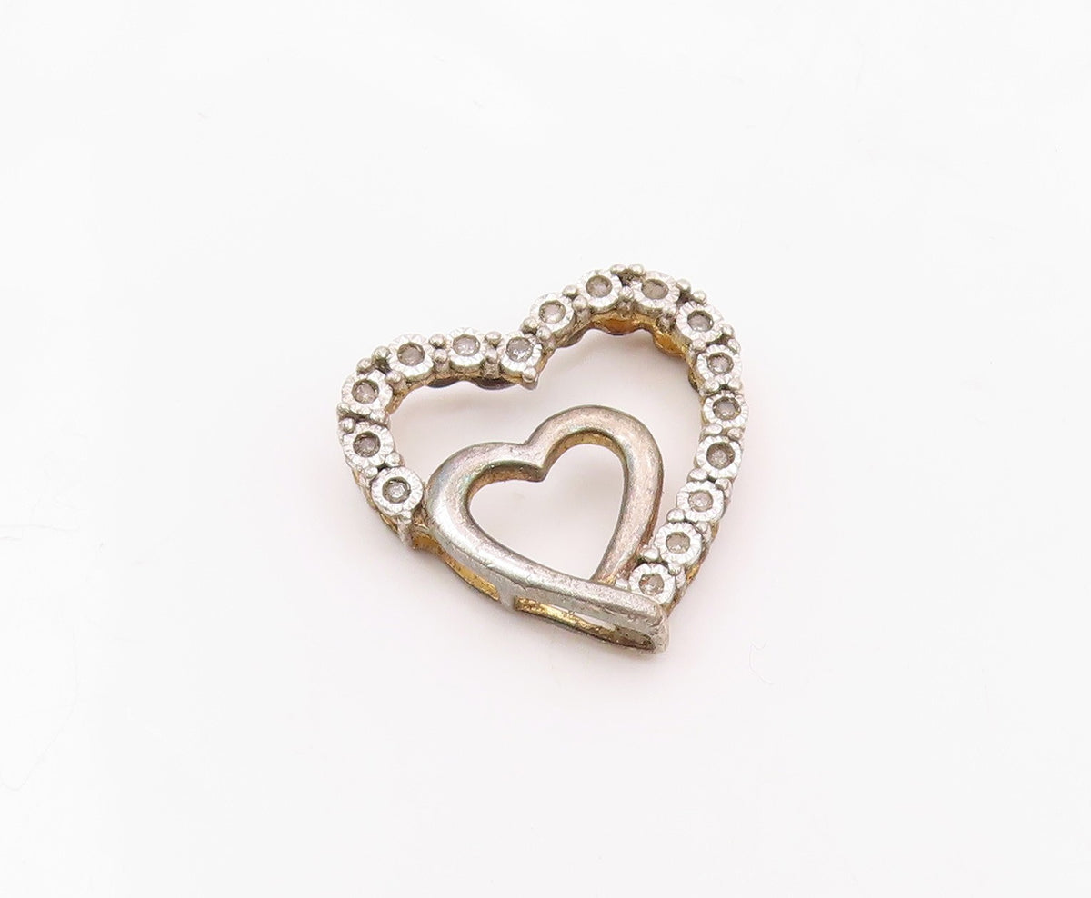 925 Sterling Silver  Vintage Genuine Diamonds Open Love Hearts Pendant PT14294
