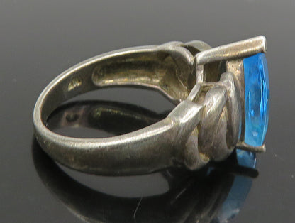 925 Silver  Vintage Shiny Blue Topaz Pear Shape Open Band Ring Sz 6  RG23864
