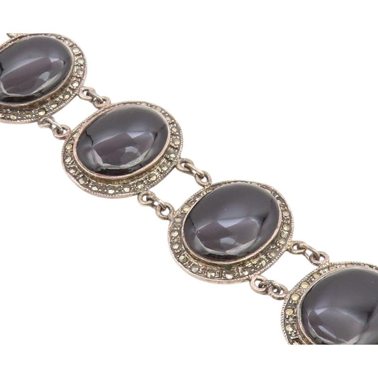 925 Sterling Silver  Vintage Black Onyx & Marcasite Chain Bracelet  BT3993