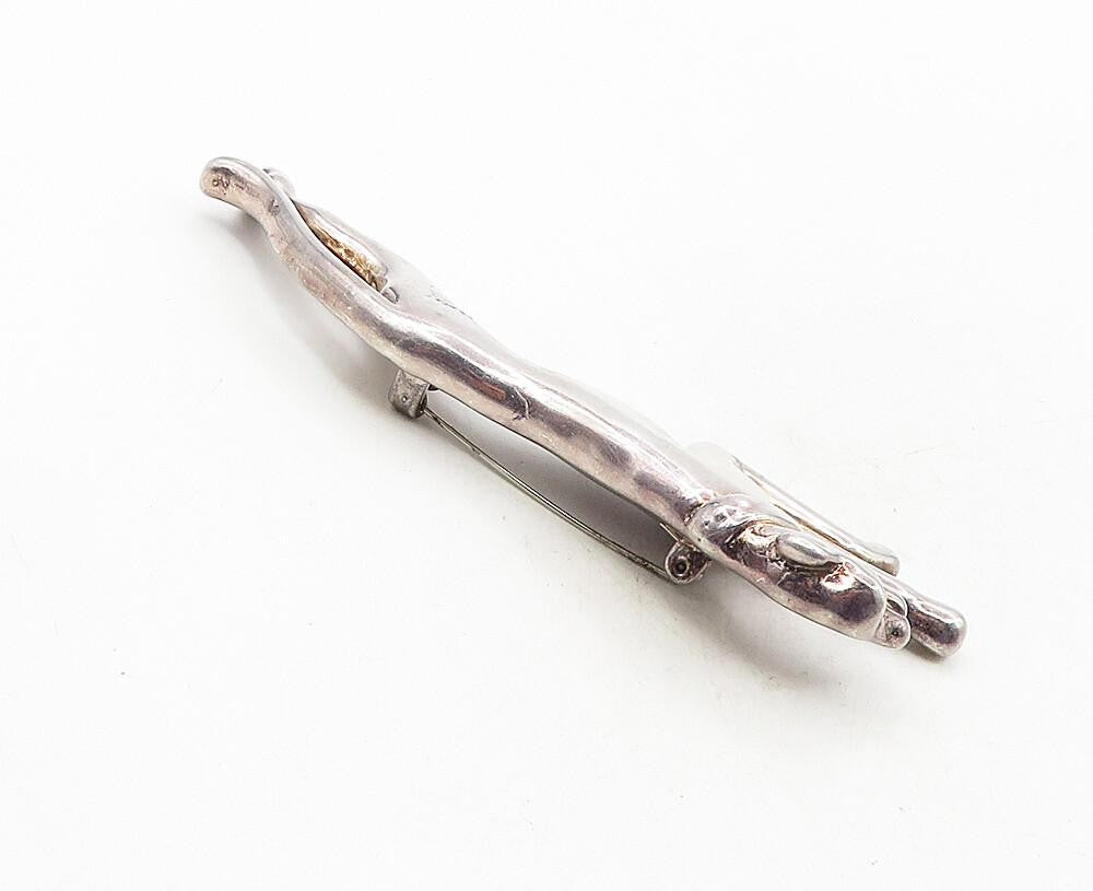 ISRAEL 925 Sterling Silver  Vintage Hollow Leaping Jaguar Brooch Pin  BP3494