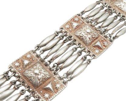 MEXICO 925 Silver  Vintage Antique Floral Dome Detail Chain Bracelet  BT7278