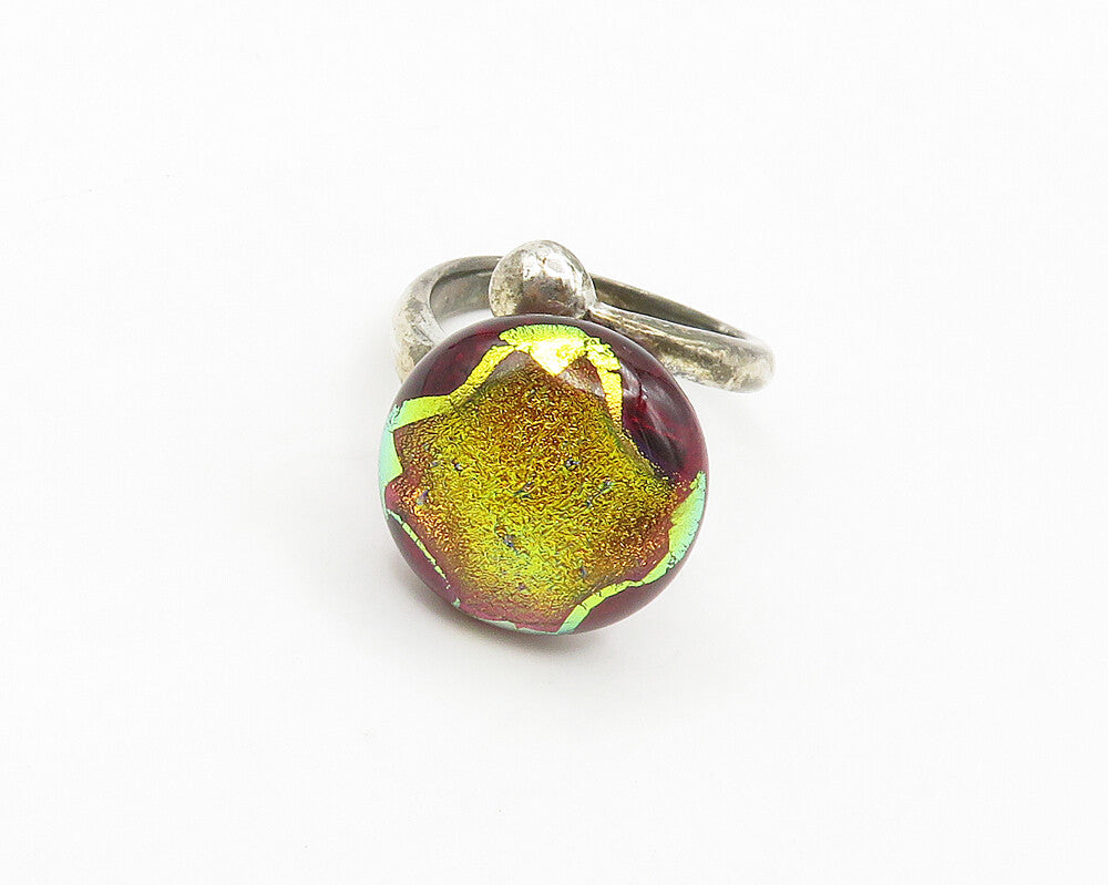 925 Sterling Silver  Vintage Dichroic Glass Bypass Band Ring Sz 6.5  RG17752