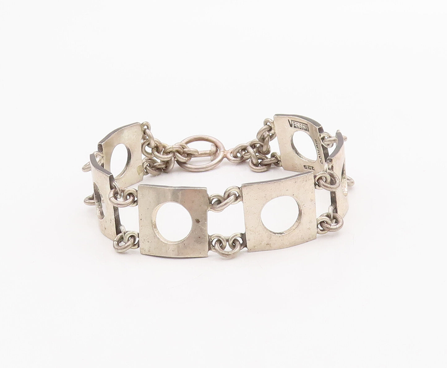 925 Sterling Silver Vintage Bracelet VERSANI Squares With Cutout Circle  BT10475