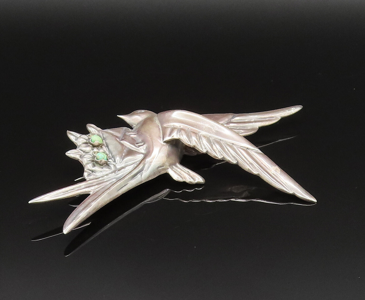 MEXICO 925 Silver  Vintage Antique Dove Bird Turquoise Mail Brooch Pin  BP9682