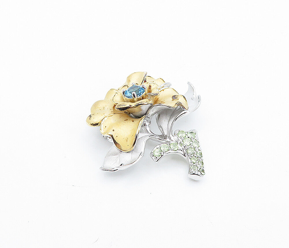 ROSS SIMON 925 Silver  Vintage Blue Topaz Two Tone Flower Brooch Pin  BP1374
