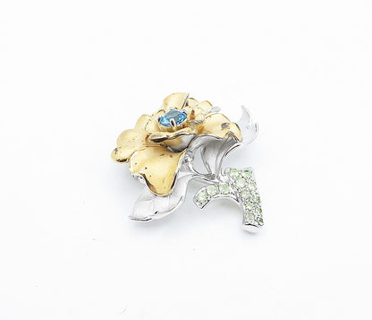 ROSS SIMON 925 Silver  Vintage Blue Topaz Two Tone Flower Brooch Pin  BP1374