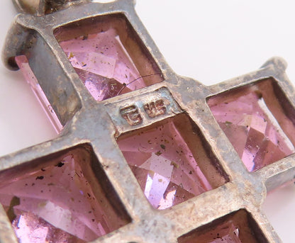 925 Sterling Silver Vintage Pendant Pink Topaz Religious Cross Charm  PT25688