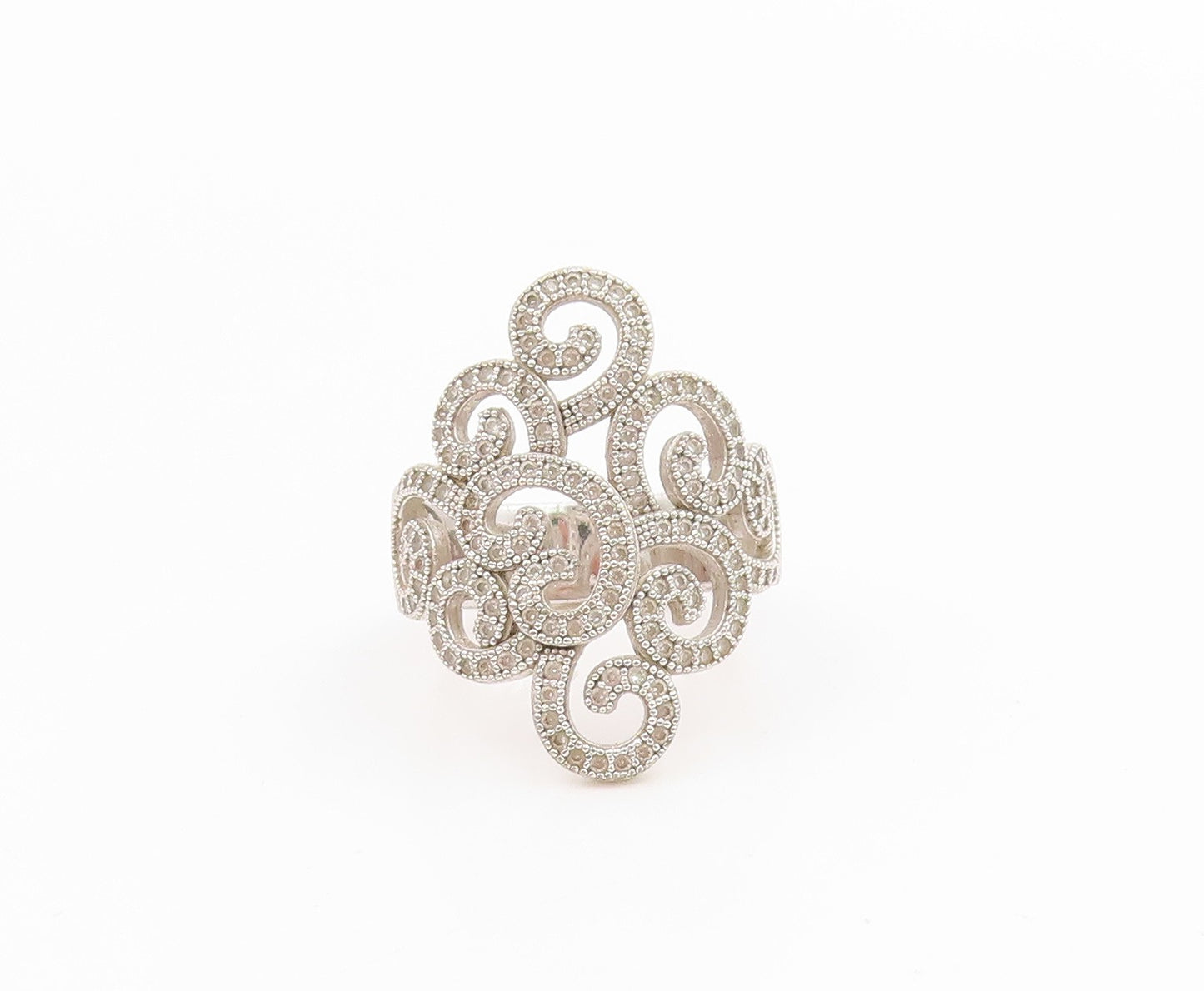 925 Sterling Silver Vintage Ring Elegant CZ Swirly Openwork Band  Sz 7  RG35926
