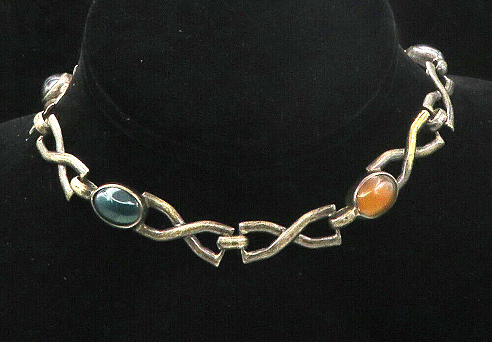 925 Silver Vintage Onyx Hematite Citrine Carnelian Chain Necklace NE2697