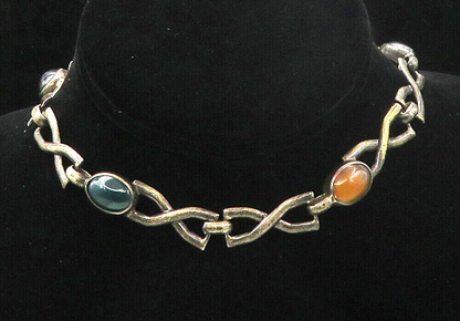925 Silver Vintage Onyx Hematite Citrine Carnelian Chain Necklace NE2697