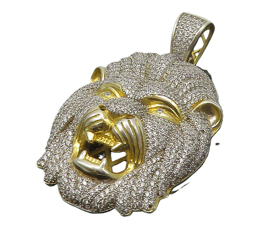 925 Sterling Silver  Shiny Cubic Zirconia Lion's Head 2 Tone Pendant  PT10358