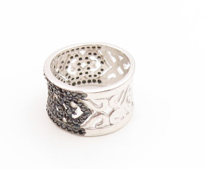 925 Sterling Silver Vintage Ring Spinel Openwork Floral Wide Band  Sz 7  RG35236