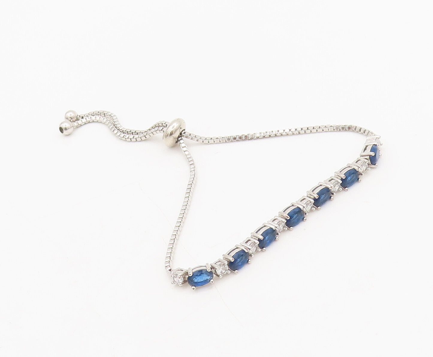 925 Sterling Silver  Vintage Blue White CZ Adjustable Tennis Bracelet  BT10060
