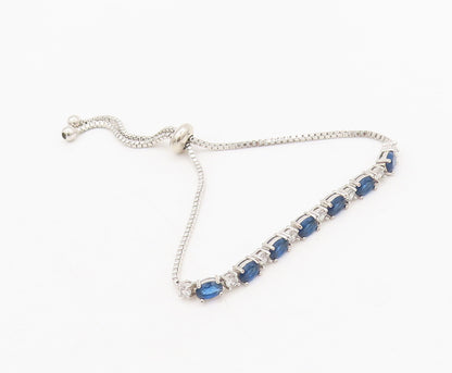 925 Sterling Silver  Vintage Blue White CZ Adjustable Tennis Bracelet  BT10060