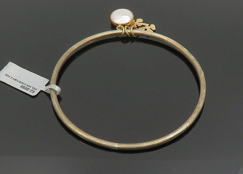 925 Silver & 14K GOLD  Vintage Shiny Pearls & Charms Bangle Bracelet  BT8084