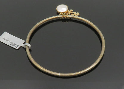 925 Silver & 14K GOLD  Vintage Shiny Pearls & Charms Bangle Bracelet  BT8084