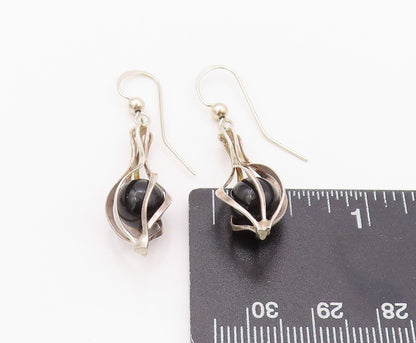 925 Sterling Silver Vintage Earrings Modernist Cutout Cage Cabochon Onyx EG13496