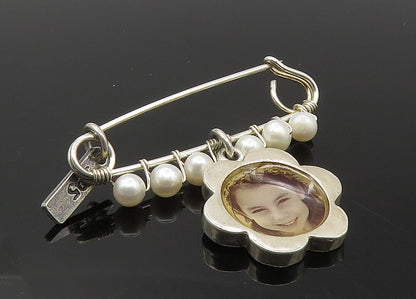 PLANETJILL 925 Silver Vintage Petite Pearls Flower Photo Charm Brooch Pin BP3877