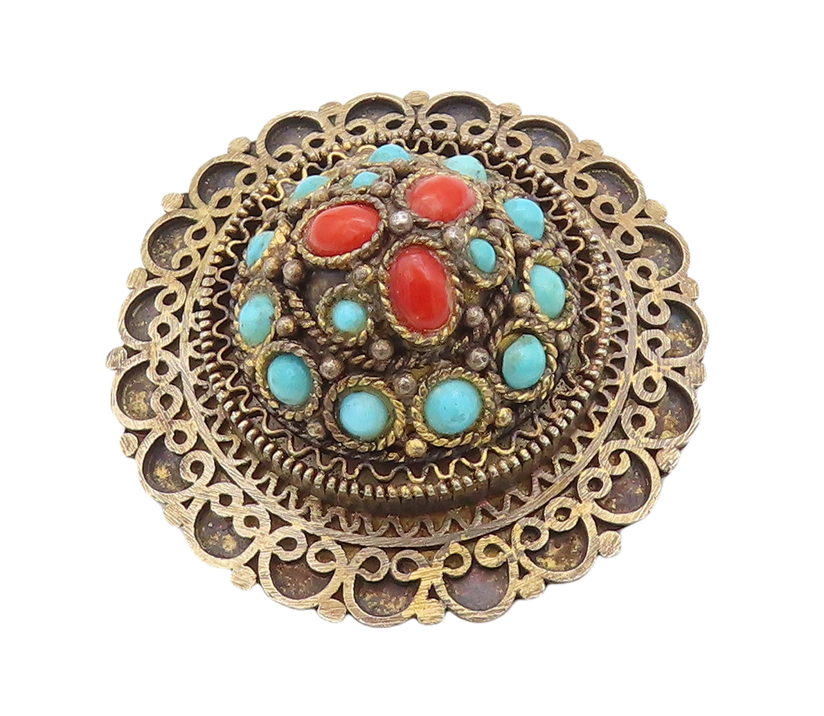 925 Sterling Silver Vintage Brooch Pin ISRAEL Gold Plated Turquoise   BP11217