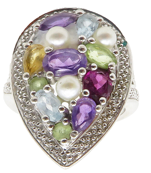 925 Silver Pearls Genuine Diamonds & Multi Stone Cocktail Ring Sz 6 RG13217