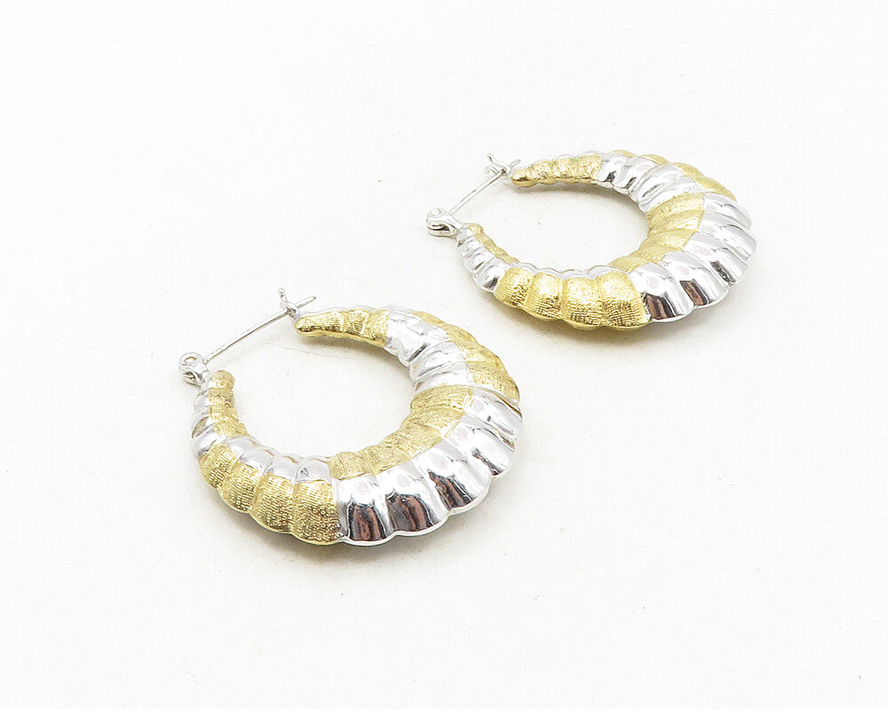 925 Sterling Silver  Shiny Two Tone Hollow Fluted Hoop Earrings  EG5101