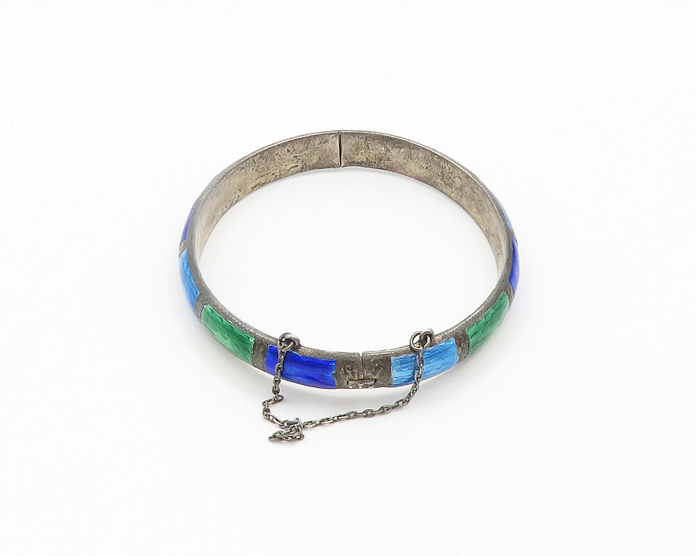 SIAM 925 Sterling Silver  Vintage Enamel Pattern Round Bangle Bracelet  BT7901