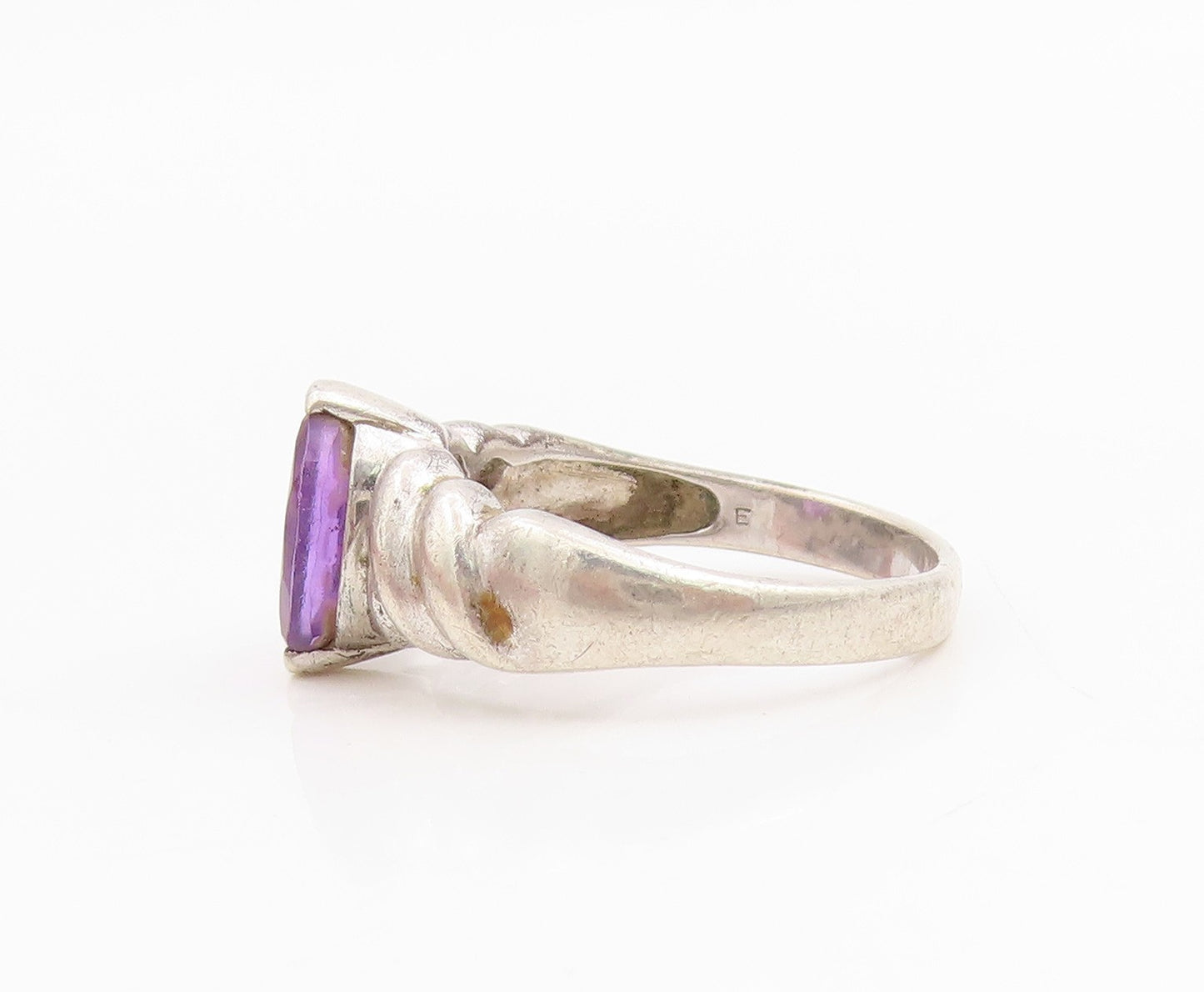 925 Sterling Silver Vintage Ring Oval Cut Amethyst Ribbed Band  Sz 7.5  RG34829